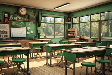 school classroom interior with green chairs and tables