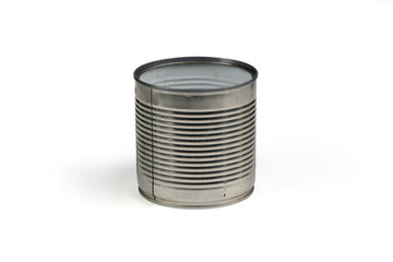 Close-up shot various open metal tin cans isolated on white background.