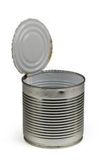 Close-up shot various open metal tin cans isolated on white background.