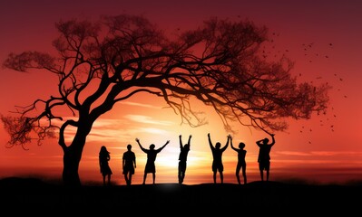 Fototapeta na wymiar Silhouette of a group of people dancing under a tree at sunset