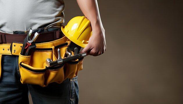 Close up of construction worker holding tool belt and helmet on brown background