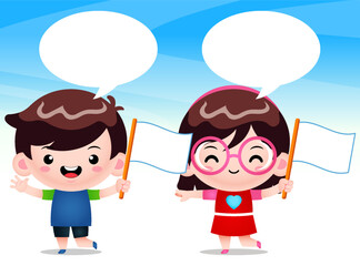 Happy Children Holding Mini Blank Flag With Bubble Speech