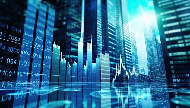 Financial stock market graph and chart on city background.