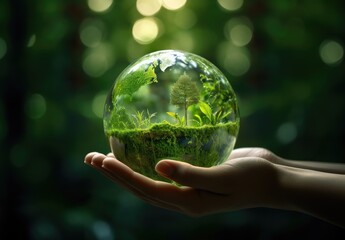 Close up of human hands holding glass globe with green forest inside.