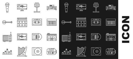 Set line Music tape player, DJ remote for playing and mixing music, synthesizer, stand, Drum with drum sticks, Banjo, Microphone and Retro audio cassette icon. Vector