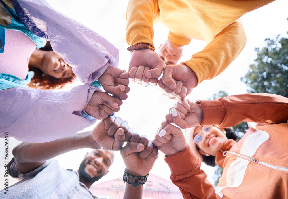 Canvas Prints Friends, hands and people fist bump outdoor for trust, community and fun circle. Diversity, happiness and below gen z group of men and women with solidarity for teamwork, youth and freedom in nature