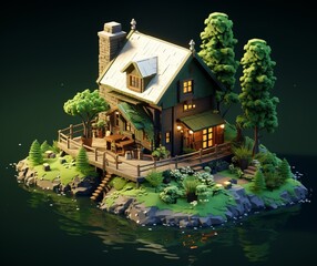 Isometric House with Trees on the Pond