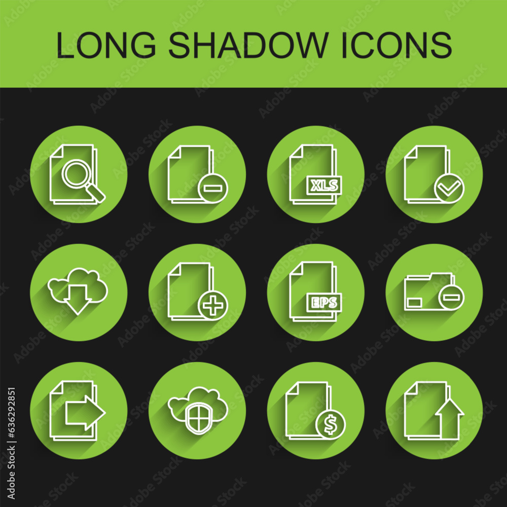 Poster set line next page arrow, cloud and shield, document with search, finance document, upload file, add