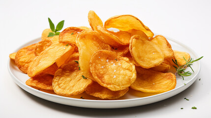 Food photography - Crispy potato chips, perfectly golden and seasoned, meticulously showcased against a clean and uncluttered white background. 
