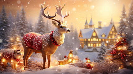 Festive Christmas holiday setting - A cheerful Santa Claus seated atop a beautifully adorned Christmas sleigh, accompanied by a team of lively reindeer. The air is filled with deli 