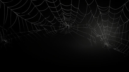 Authentic eerie spider webs in silhouette, isolated against a black backdrop in a panoramic banner format - Serving as a Halloween background template. Generative AI