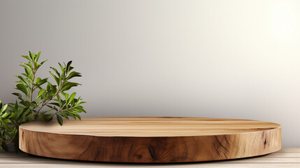 Frontal view of a rustic wooden podium placed in a clean, white room. This minimalistic background is perfect for presenting various products such as cosmetics, food, or jewelry. 