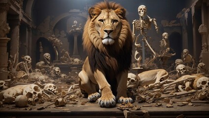 A lion stand in the middle of skeleton 