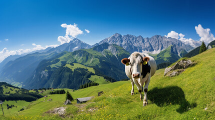 Animal-themed banner panorama - Captivating image of a comical cow situated amidst the picturesque AllgÃ¤u mountains in the Austrian Alps, grazing on a lush and vibrant green meadow 