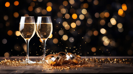 Opulent and celebratory background banner greeting card suitable for occasions like birthdays, New Year's Eve (Sylvester), or other holidays. The scene features a toast with sparkl - obrazy, fototapety, plakaty