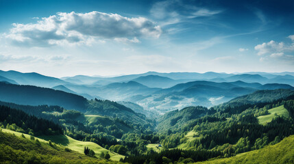 Panoramic banner depicting a wide and long view of forested hills, mountains, and trees in the Black Forest region of Germany. 