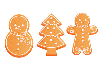 Set Gingerbread man, cute snowman and christmas tree with icing decoration, seasonal dessert, cookies in cartoon style isolated on white background.