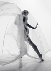 Waving chiffon clothes. Graceful girl dancing with wet fabric. Naked ballerina in motion over white background. Monochrome.
