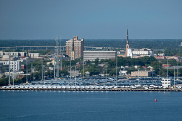 Vans and automobiles await export at Columbus Street Terminal, a combination breakbulk and roll-on roll-off cargo terminal in Charleston Harbor, SC, USA on August 16, 2023.