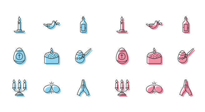 Set line Candelabrum with candlesticks, Easter eggs, Burning in, Hands praying position, cake, paint brush, and Peace dove olive branch icon. Vector