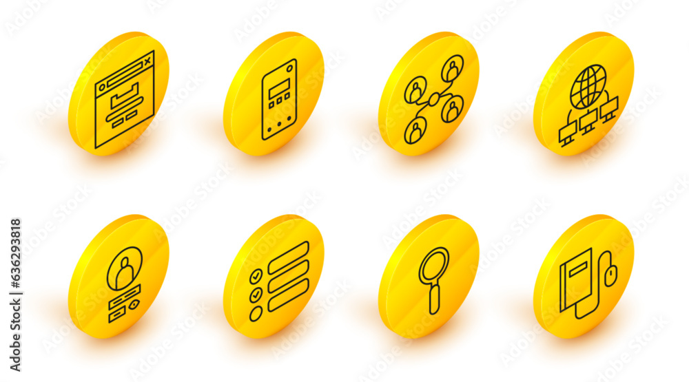 Poster set line electronic book with mouse, magnifying glass, task list, create account screen, computer ne