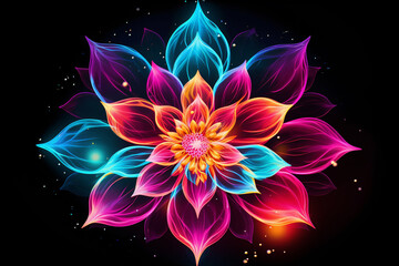 Colorful neon abstract spiritual background with lotus flower. Generative AI