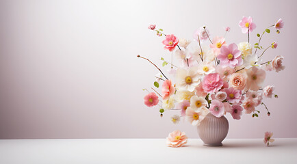 Summer flowers in glass vase with copy space. Generative AI