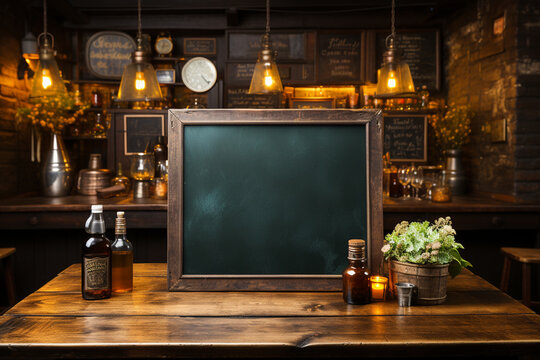Traditional irish pub interior with empty vintage blackboard. Generative ai