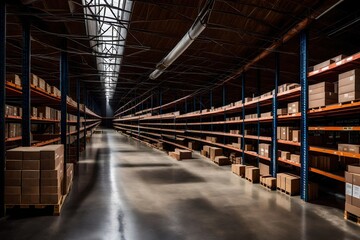 Fototapeta premium warehouse shelves with boxes, Empty conveyor belt point of view, empty shelves in large shipping warehouse