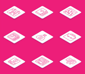 Set line Calendar, Office folders, Bitcoin in browser, Stock market news, Money bag, Briefcase, Financial book and Trading courses icon. Vector