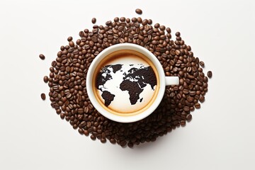 coffee cup with beans world map illustration represents international day of coffee  - obrazy, fototapety, plakaty