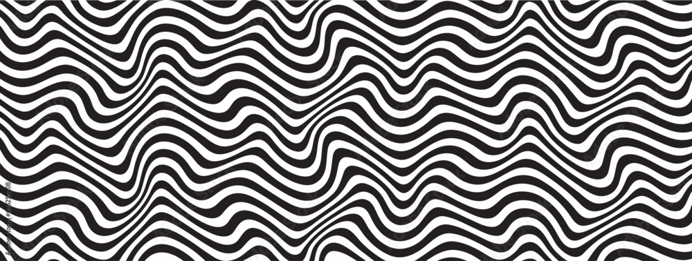 Poster Halftone stripe lines retro background. Black and white optical art wavy background. Abstract waves line stripes pattern. 