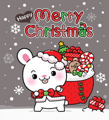 Cute Baby Rabbit in Santa Claus costume is carrying a red gift bag at Christmas Night, Cartoon Kawaii Style