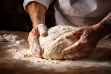 Bakers hands kneading dough for artisan bread - obrazy, fototapety, plakaty