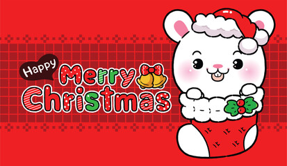 Cute baby bunny in Santa Claus costume in red socks at Christmas Theme, Cartoon Kawaii Style