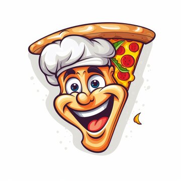 Slice of pizza with a chefs hat cartoon style. AI generated