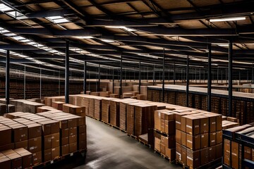 warehouse shelves with boxes, Empty conveyor belt point of view, empty shelves in large shipping warehouse