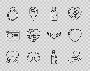 Set line Heart, in hand, tag, shaped love glasses, Wedding rings, Champagne bottle and icon. Vector