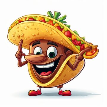 Taco with a big smile and a sombrero cartoon style. AI generated