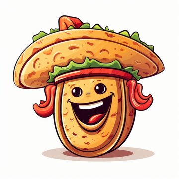 Taco with a big smile and a sombrero cartoon style. AI generated