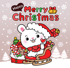 Cute baby rabbit in Santa Claus costume with a red gift bag sits on a sleigh at Christmas night background, Japanese Cartoon Style.