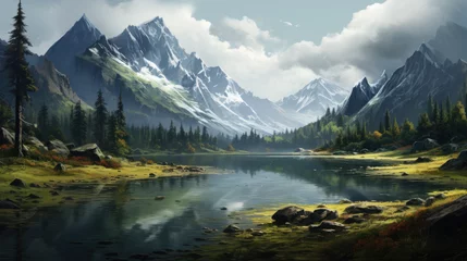 Fototapeten creative illustration of a lake with snowy mountains in the background like in alaska or canada. © jr-art