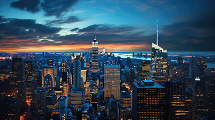 a skyline of skyscrapers in the evening in the blue hour like new york.