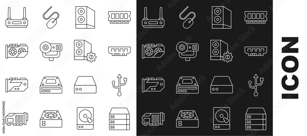 Poster set line server, data, web hosting, usb, ram, random access memory, case of computer, camera, video 