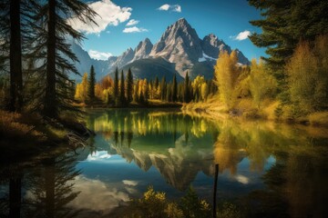 Serene reflection of the Grand Tetons: mountains mirrored in a lake., generative IA