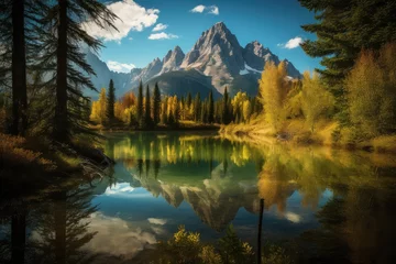 Fotobehang Tetongebergte Serene reflection of the Grand Tetons: mountains mirrored in a lake., generative IA