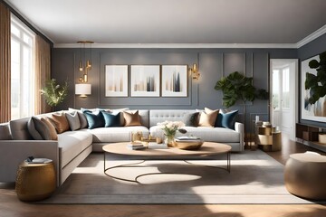 modern living room with fireplace, rendering of a full furnished living room