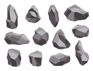 Rock stones or debris of mountain. Gravel, gray stone. Collection of various shapes, pieces of fossil stone. Polygonal shapes set. Game decoration elements