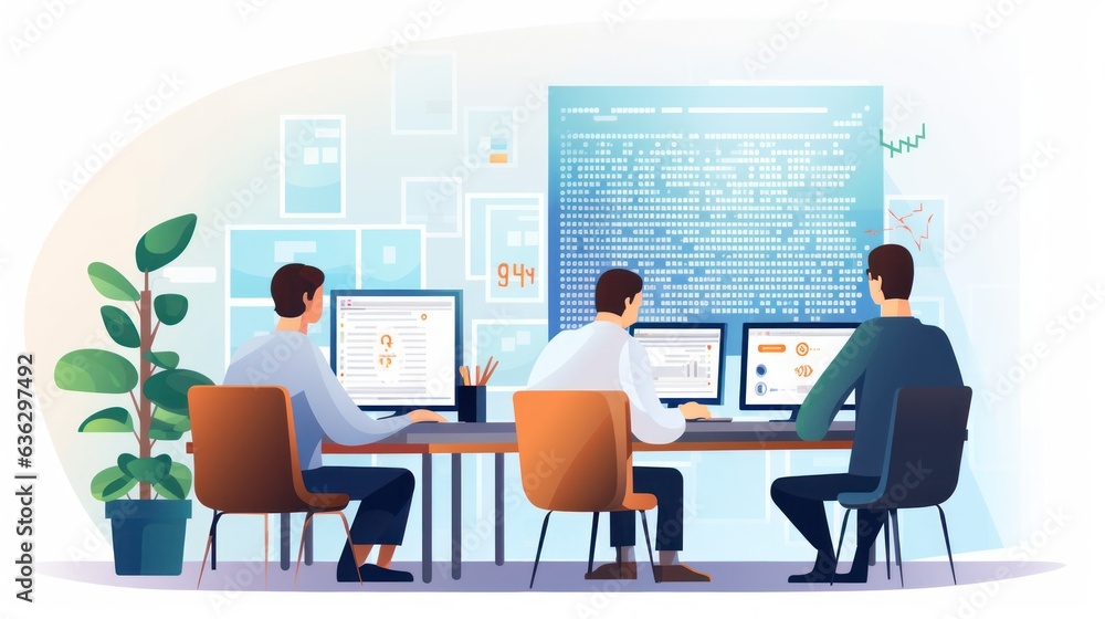 Wall mural people sitting in front of the computer and write computer code illustration