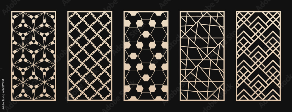 Poster cnc, laser cut vector templates set. modern abstract geometric panels with grid, mesh, lattice patte